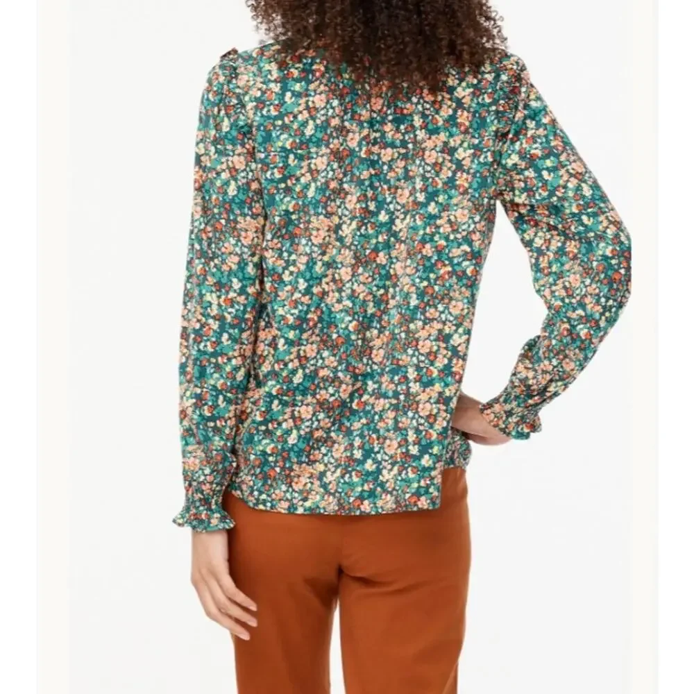 J. Crew Warm Burgundy Blue Bree Smocked Ruffleneck Top‎ Size Large